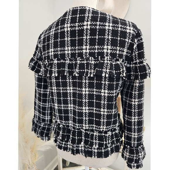 Storia Black White Tweed Raw Edge Open Front Crop Blazer Jacket - Picture 2 of 10
